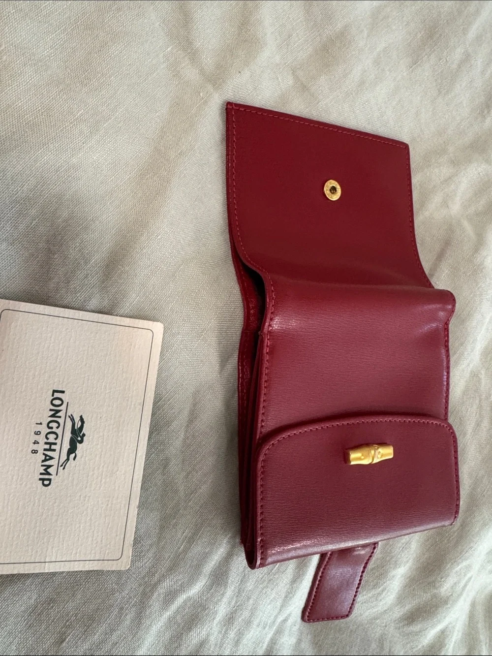Longchamp Red Leather Compact Wallet with Gold Hardware